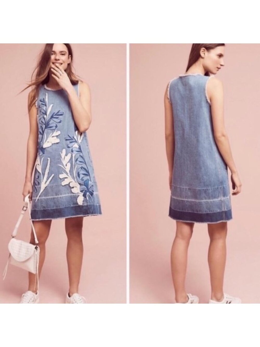 Anthropologie Holding Horses Denim Leaves Shift Dress Size XS